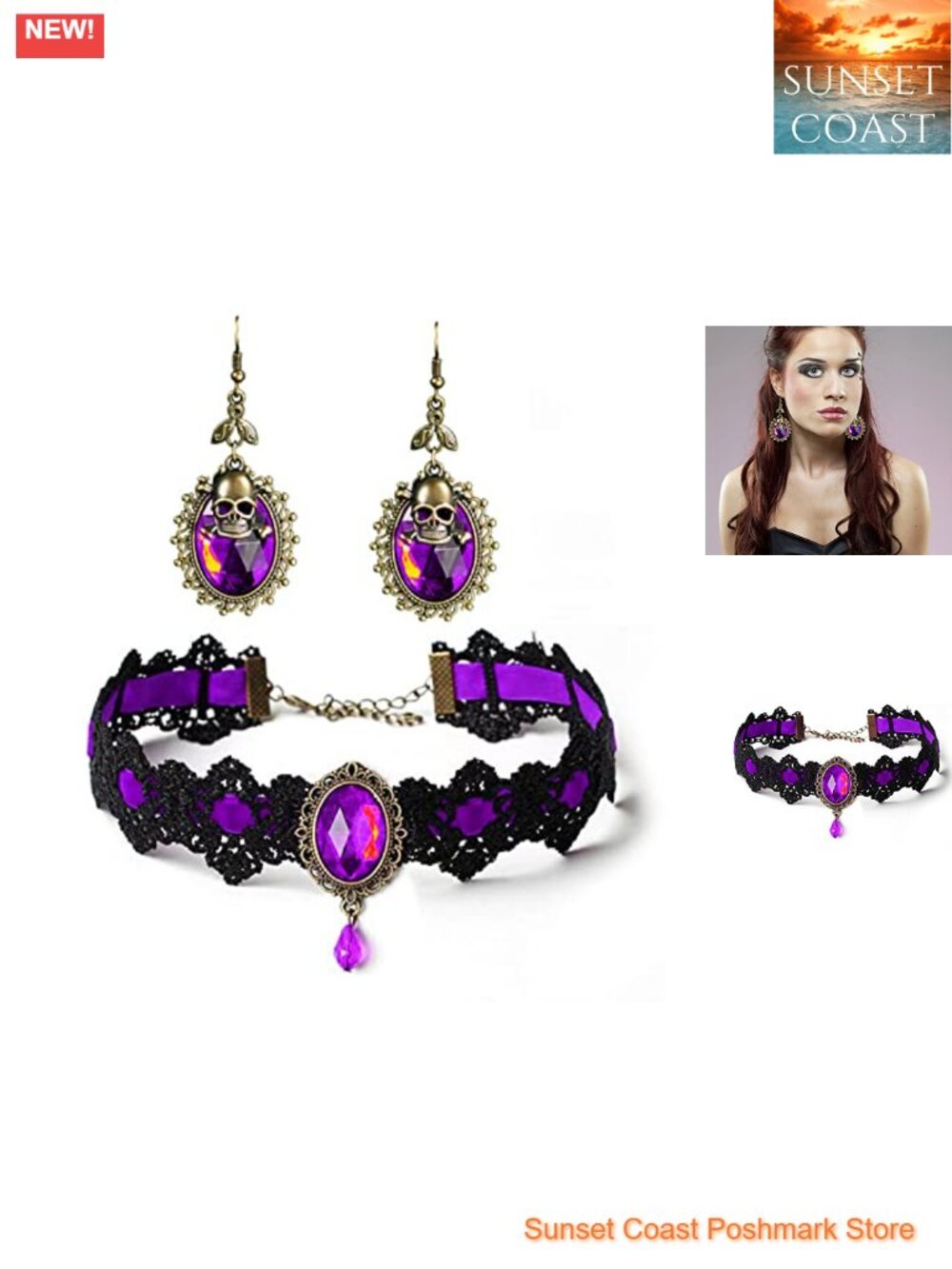 Gothic Lace Choker Skull Earrings Jewelry Set Victorian Punk Costume